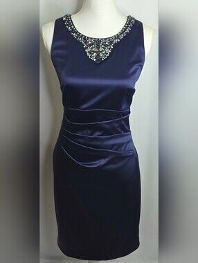 Eliza J Quality Navy Jeweled Satin Sheath Wedding Guest MOB MOG Dress NWOT 8